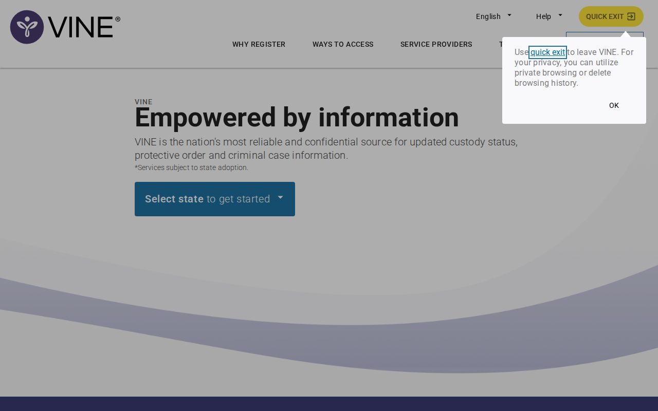 VINELink state selection and custody search interface without personal records