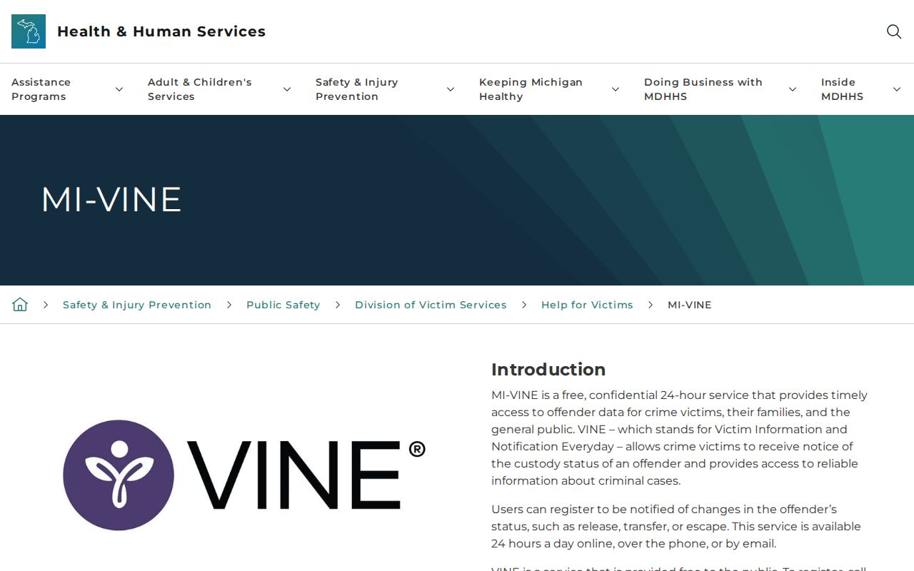Michigan VINE official custody notification information page