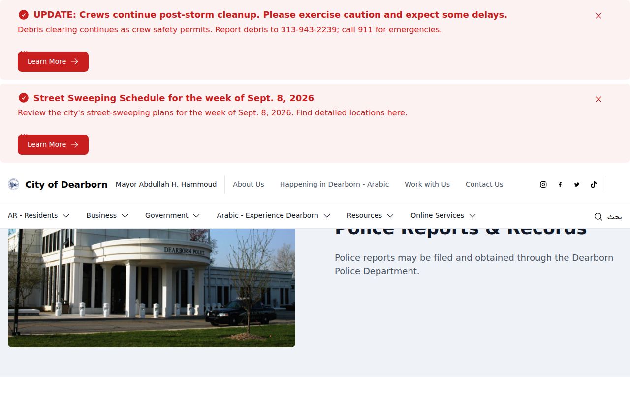 Dearborn Police Reports and Records page with official request information