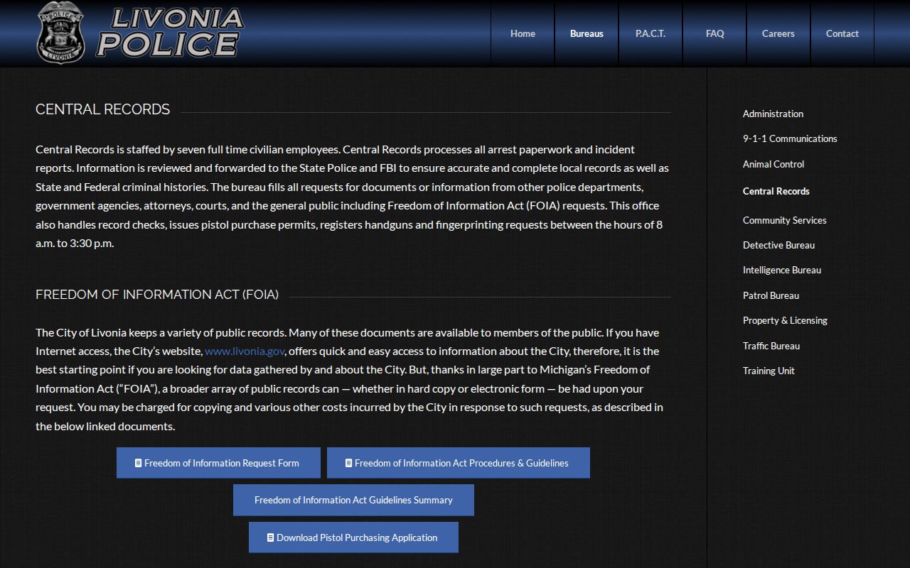 Livonia Police Central Records official information page