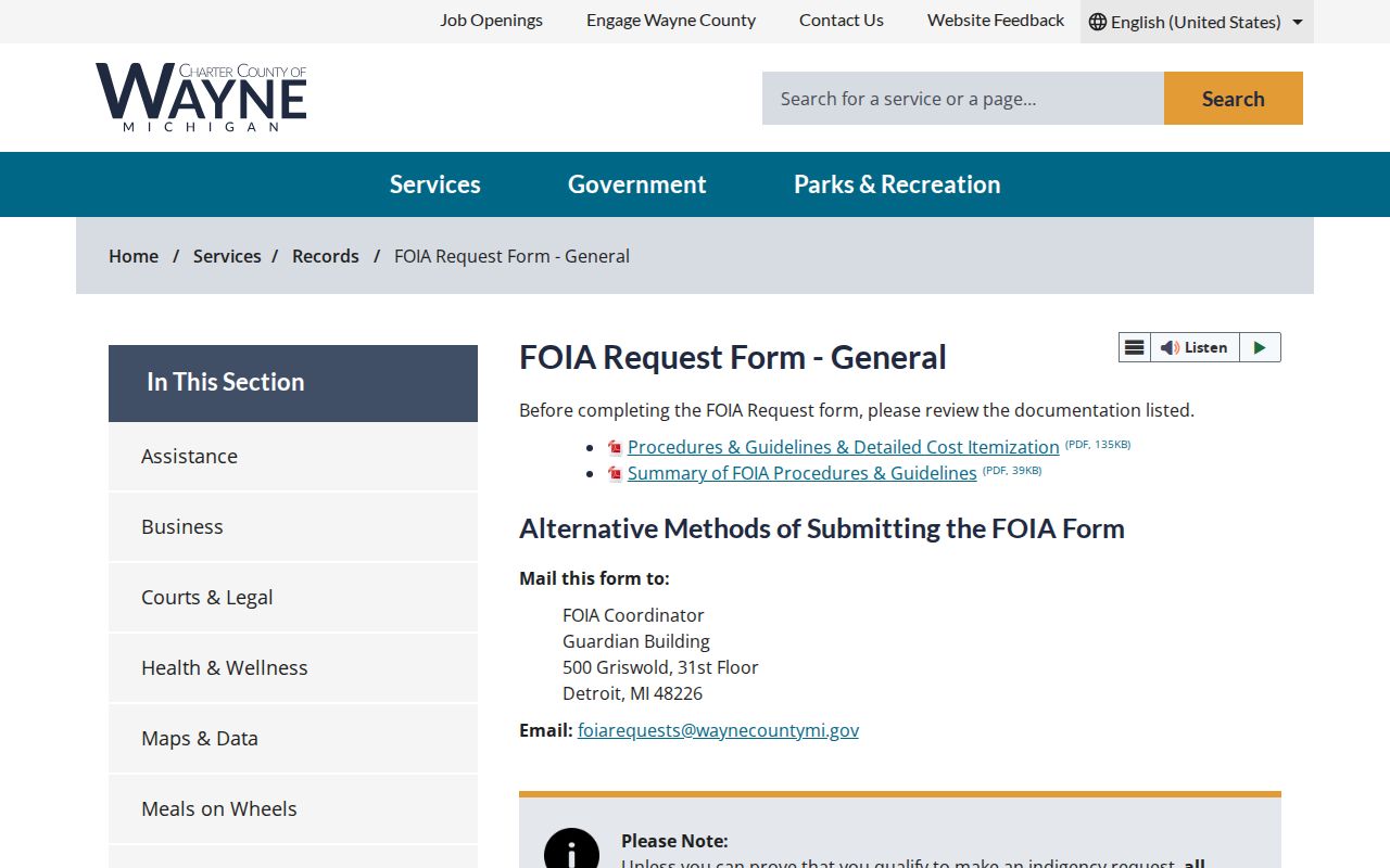 Wayne County official general FOIA request form page
